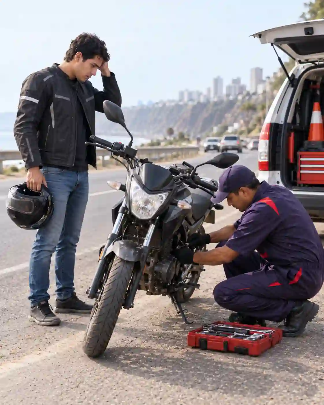 Conductor recibiendo asistencia mecánica para su motocicleta