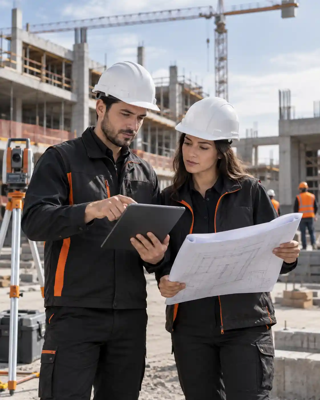 Ingenieros de Vertex revisando planos en una obra