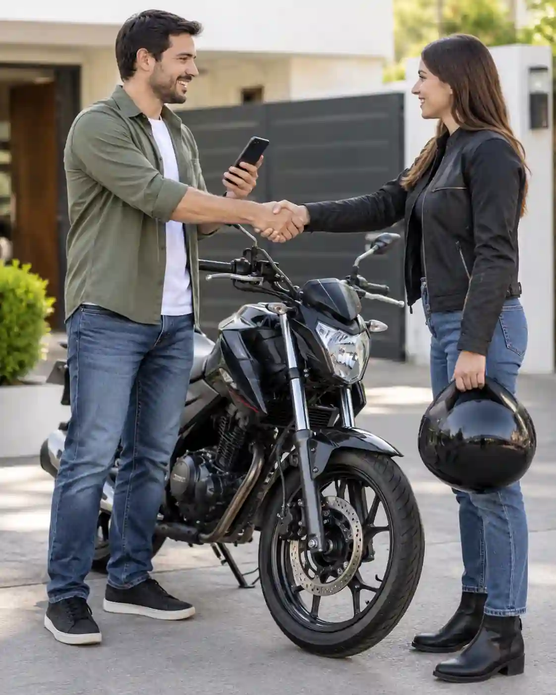 Propietario vendiendo su motocicleta usada a otra persona