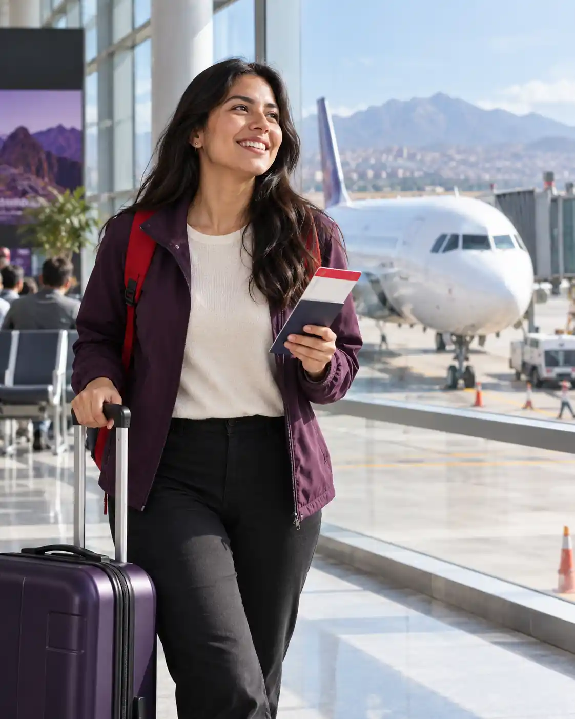 Pasajera en un aeropuerto preparándose para abordar un avión